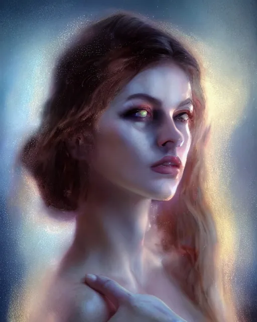 Image similar to lightpainting, diffuse lighting, fantasy, intricate wiccan facial lightpainting, elegant light, highly detailed, lifelike, photorealistic, digital painting, artstation, concept art, smooth, sharp focus, art by john collier, albert aublet, krenz cushart, artem demura, michael bosanko