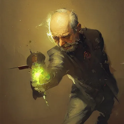 Prompt: old man photo, throwing hand grenade, greg rutkowski art