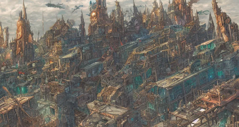 Prompt: colored pencils an epic fantasy comic book style painting of a fantasy steampunk town with airships flying above it, fine details, no repeat, concept design, contrast, kim jung gi, pixar and da vinci, trending on artstation, 8 k, ultra wide angle