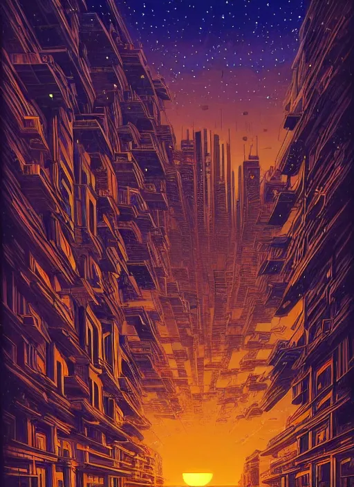 Prompt: ethereal starlit city at sunset, italian futurism, da vinci, Dan Mumford, Josan Gonzalez