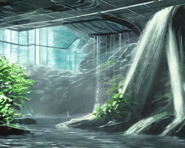 Prompt: concept art design for underground alien facility, water-logged, nearby waterfalls, Sydney mead style,