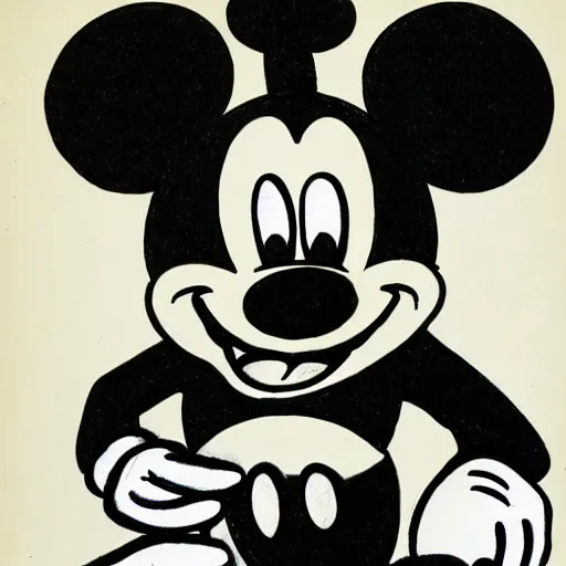 Image similar to mickey mouse playing with a skull first sketch, original drawing, 1 9 3 0, walt disney sketch