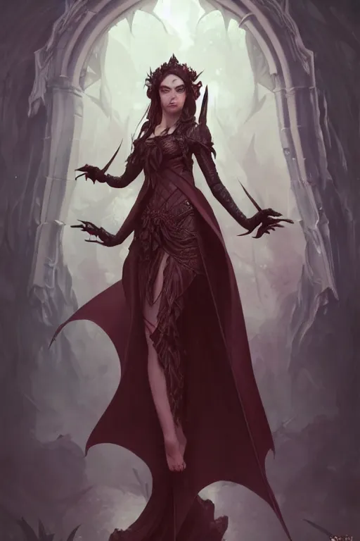 Image similar to beautiful vampire female princess, full body shot, messy bun, d & d, fantasy, intricate, elegant, highly detailed, digital painting, artstation, concept art, matte, sharp focus, illustration, hearthstone, art by artgerm and greg rutkowski and alphonse mucha