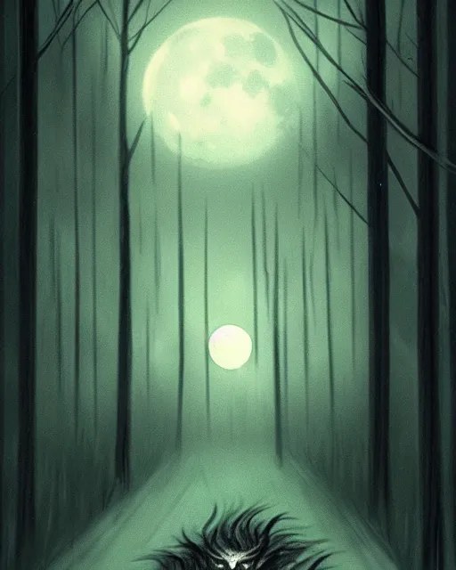 Prompt: horror image, a wooded lane lit only by the moon, on the lane is a black fiat from hell, black Philip, staring at you, concept art, ambient lifting, trending on artstation, deviantart