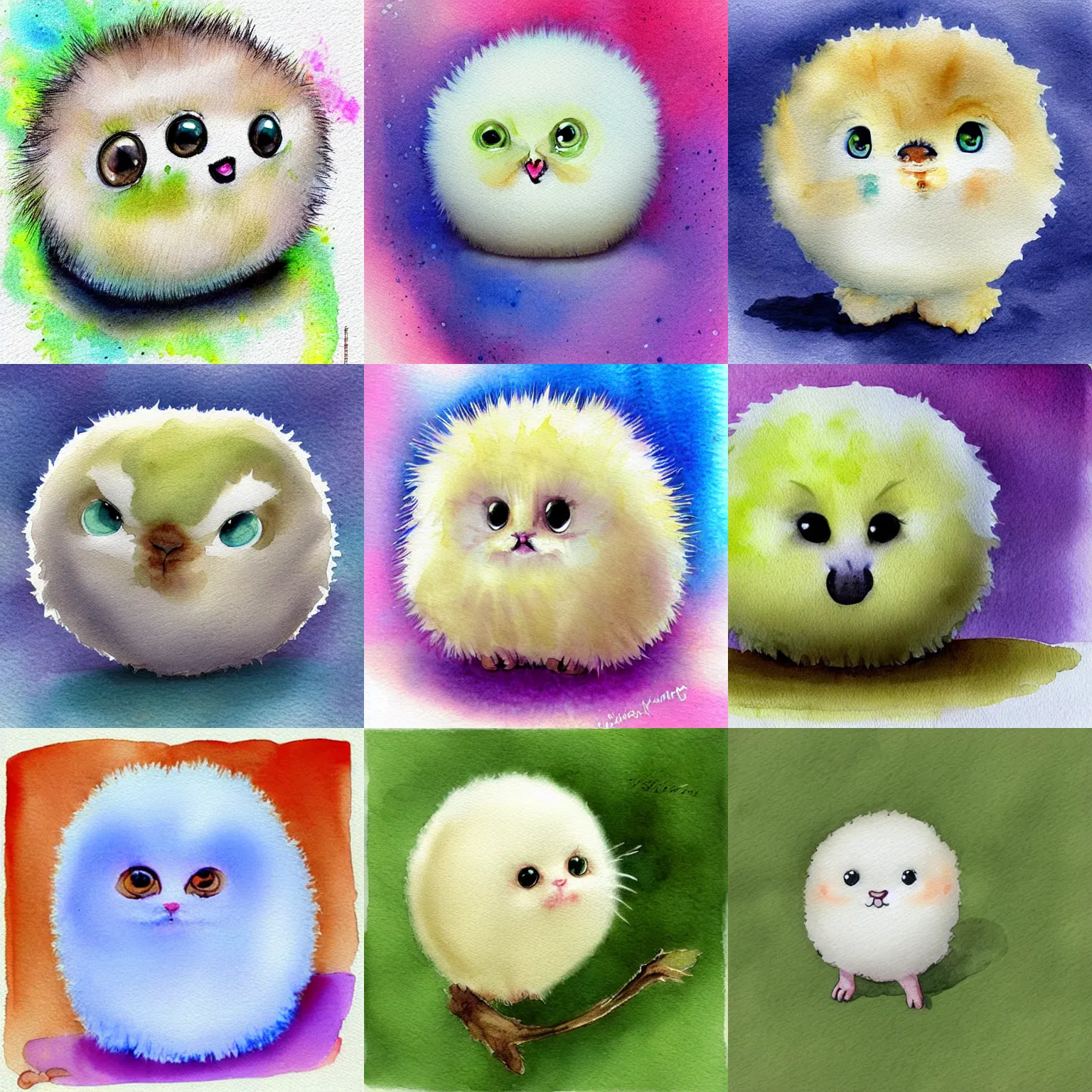 Prompt: light lime colored cute puff ball with adorable face, beautiful watercolor illustration, digital art