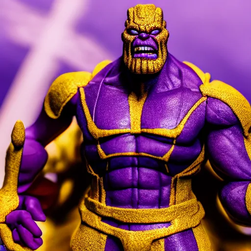 Prompt: a cinematic film still of a claymation stop motion film starring thanos, shallow depth of field, 8 0 mm, f 1. 8