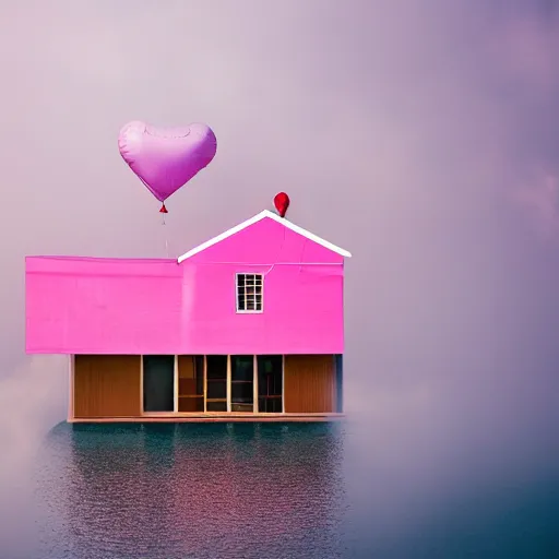 Image similar to a 5 0 mm lens photograph of a cute pink floating modern house, floating in the air between clouds, inspired by the movie up, held up from above by a heart - shaped ballon. mist, playful composition canon, nikon, award winning, photo of the year