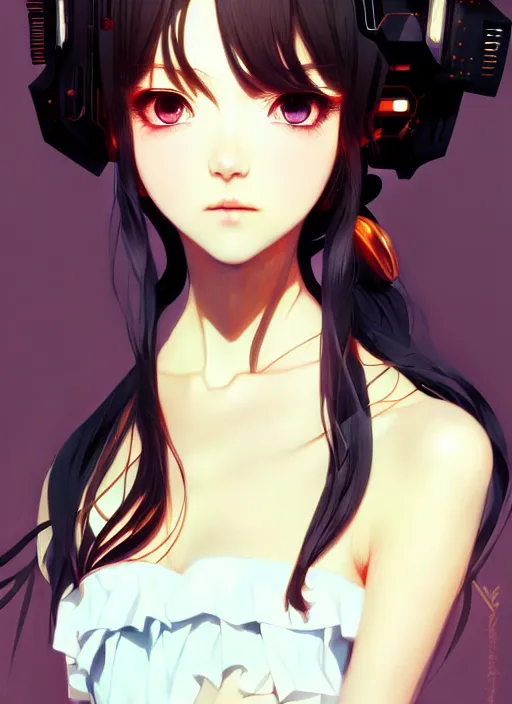 Prompt: portrait of beautiful young anime girl, cute-fine-face, pretty face, realistic shaded Perfect face, fine details. Anime, cyberpunk, Warhammer, highly detailed, artstation, illustration, art by Ilya Kuvshinov and Gustav Klimt