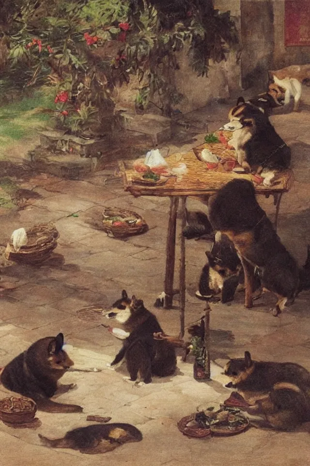 Image similar to a shiba inu eating lunch in colonial - era manila, in the style of juan luna, 8 k, highly detailed, artistic, romanticism art style