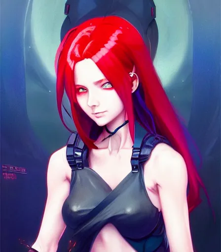 Prompt: cyberpunk anime young girl with vibrant red hair, hourglass slim figure, blue eyes, dungeons and dragons portrait, lovely smile, highly detailed, digital painting, artstation, concept art, sharp focus, illustration, art by artgerm and greg rutkowski and alphonse mucha