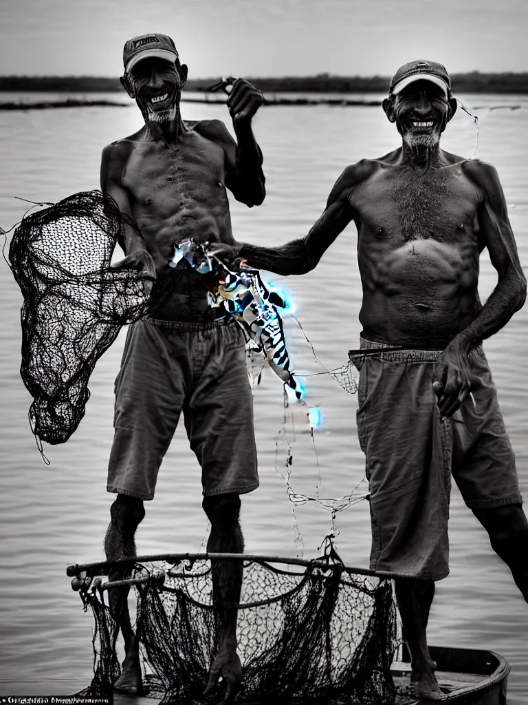 Image similar to an imperfect journalistic portrait of a fisherman, after he has caught a tokomak in his net. he grins proudly, baring his gargantuan razor sharp teeth like blades of a professional food processor