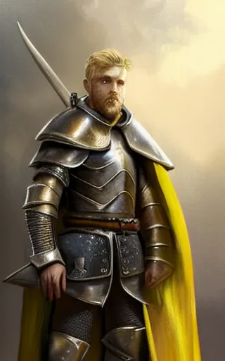 Prompt: highly detailed concept art of a rugged young knight with blonde hair and blue eyes and a short beard wearing a blue shirt over chain mail and steel pauldrons and a yellow cape and leather boots holding a shield and a warpick, concept art by Greg Rutkowski, realistic, masterpiece, ArtStation