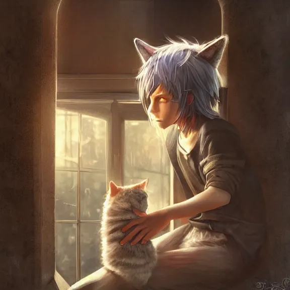 Image similar to boy with cat ears and tail on window sill, fantasy artwork, award winning, hyper detailed, very very very very very very very very very very very very very very very very very beautiful, studio lighting, artstation