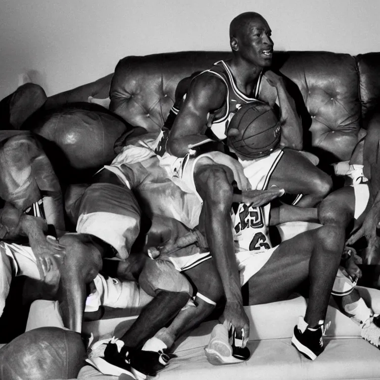 Prompt: Michael Jordan on a couch surrounded by 5 other Michael Jordan\'s, 4k hd, sharp, backlit, gorgeous lighting