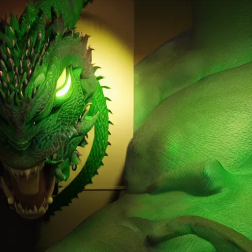 Image similar to green dragon, smiling, studio shot, volumetric lighting, 8 k, real life picture, realistic, hyperdetailed, no blur, shadows