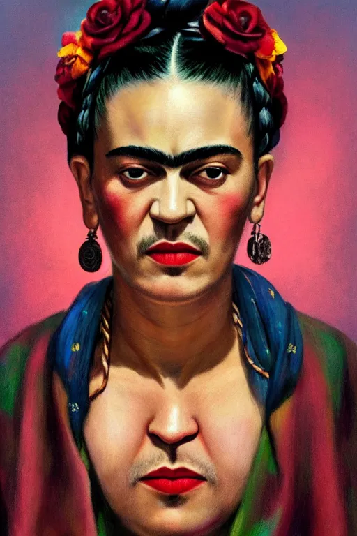 Image similar to portrait of frida kahlo wearing rapper clothes, staring directly into camera, intricate, elegant, glowing lights, highly detailed, digital painting, artstation, sharp focus, illustration, art by wlop, mars ravelo and greg rutkowski