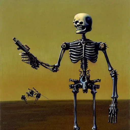 Image similar to robot cowboy skeleton with 4 arms, holding 4 guns, highly detailed beksinski art