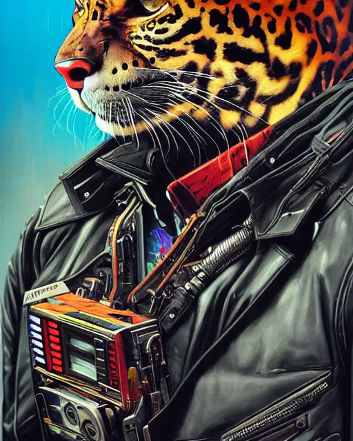 Image similar to a portrait of an anthropomorphic cyberpunk jaguar by sandra chevrier, by jon foster, detailed render, pistol in holster, tape deck, epic composition, cybernetics, 4 k realistic, cryengine, realistic shaded lighting, sharp focus, masterpiece, by enki bilal