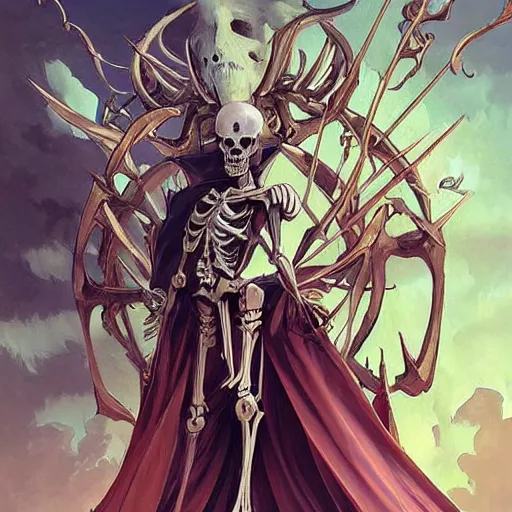 Image similar to Tall skeleton overlord, covered with royal robes, magic caster, wide shoulders, evil aura, full body shot, anime style, AINZ, 90's modern art, art by artgerm and greg rutkowski and alphonse mucha