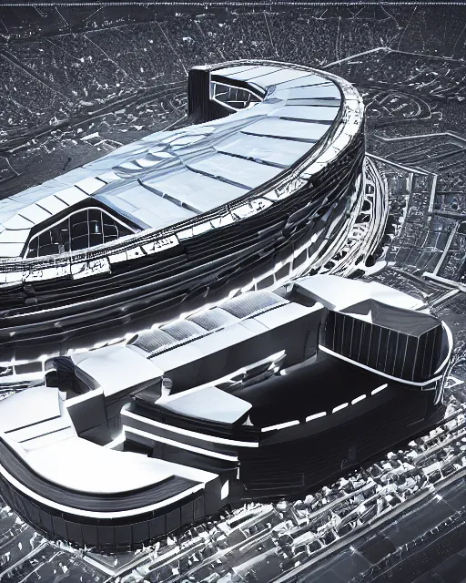 Image similar to a futuristic stadium with a giant black and white gundam on the field, the stadium has a full crowd, unreal engine, hyper realism, realistic shading, cinematic composition, realistic render, octane render, detailed textures, photorealistic, wide shot