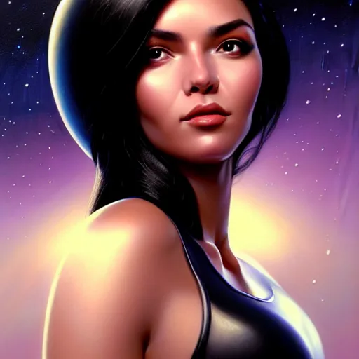 Image similar to a portrait of a very beautiful woman in a spacesuit, Alexandria\'s genesis, shoulder-length black hair, bored, illustration, soft lighting, soft details, painting oil on canvas by mark arian by artgerm, trending on artstation, 4k, 8k, HD