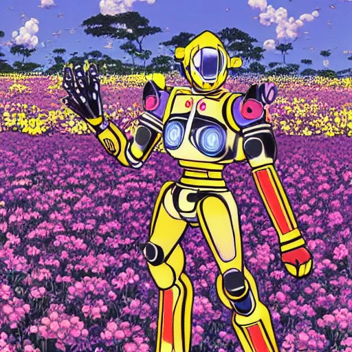 Image similar to a beautiful painting of a macular humanoid mecha power ranger in a field of flowers by hiroshi nagai and hirohiko araki, detailed line art