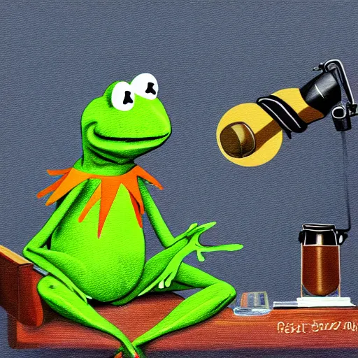 Prompt: kermit the frog interviewing a real frog on a podcast, digital art, trending on art station