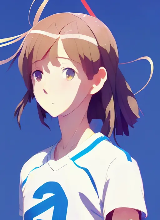 Image similar to portrait of high school runner girl, sunny sky background stadium landscape illustration concept art anime key visual trending pixiv fanbox by wlop and greg rutkowski and makoto shinkai and studio ghibli and kyoto animation real face symmetrical facial features short down hair sports clothing marathon race sponsors nike shirt