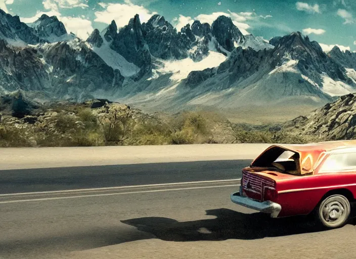 Image similar to A very high resolution image from a new movie, landscape from a car window , mountains, raining, hot, directed by wes anderson