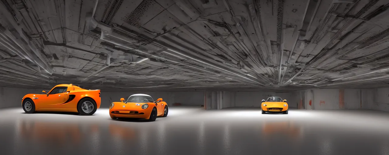Prompt: highly detailed underground parking garage showcasing one only one single lone sparkly orange Lotus Elise, fluorescent ceiling lights, by Beeple and Syd Meade, concept art, octane render, 8k HDR, artstation