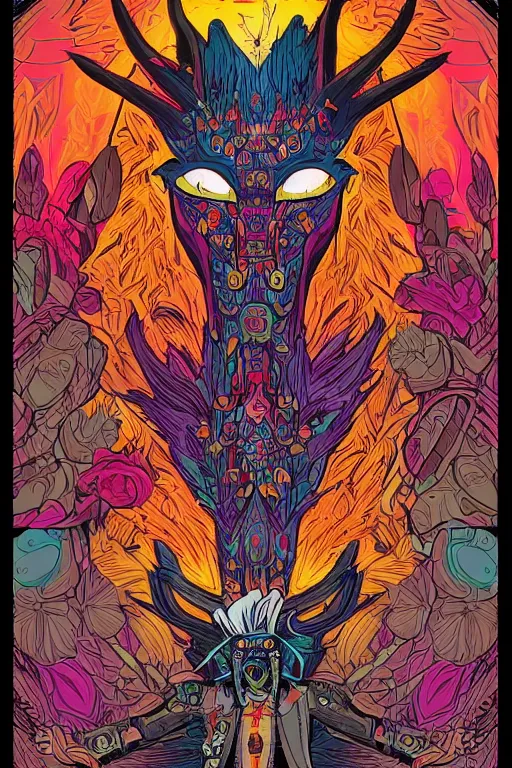 Image similar to animal mask totem roots flower tribal feather gemstone plant wood rock shaman vodoo video game vector cutout illustration vivid multicolor borderlands comics by josan gonzales and dan mumford radiating a glowing aura