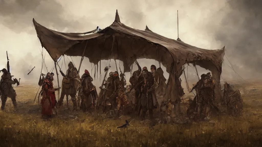 Image similar to armed group of turkic people talking inside of an ornate tent out in the steppes, papyrus, dark colors, watercolored, jakub rozalski, dieselpunk, artstation