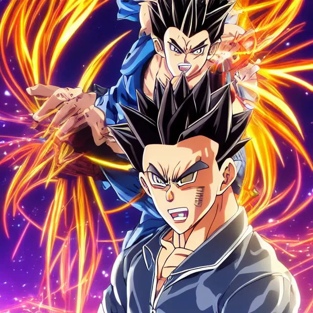 Prompt: handsome anime man goes super saiyan in the style of jojo's bizarre adventure, ultrafine hyperrealistic detailed face illustration by kim jung gi, irakli nadar, intricate linework, sharp focus, bright colors, matte, octopath traveler, final fantasy, unreal engine highly rendered, global illumination, radiant light, intricate rainbow environment