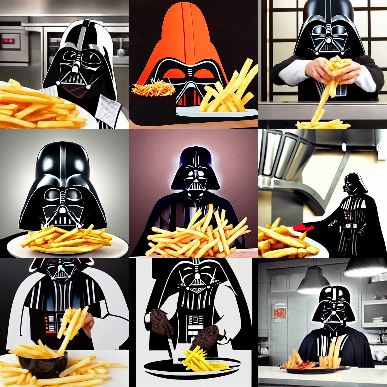 Prompt: Darth Vader making French Fries using his mask