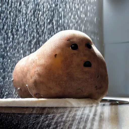 Image similar to A photo of a potato taking a shower.