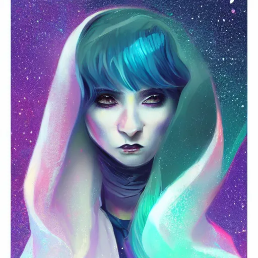 Image similar to a nonbinary changeling wearing a starry cloak, aurora colored hair, starry eyes, curious expression, character art, full body art, people watching, trending on artstation, artgerm, 4k ultra hd, sharp focus, digital art by Ilya Kuvshinov and Ross Tran,