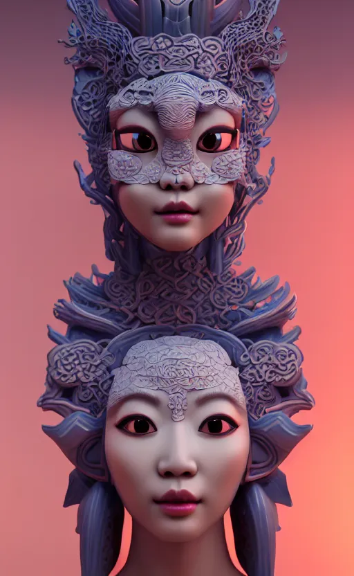 Prompt: 3 d goddess close - up profile portrait. beautiful intricate highly detailed korean gumiho mask and traditional hanbok. stingray, magpie, bio luminescent, plasma, ice, water, wind, creature, artwork by tooth wu and wlop and beeple and greg rutkowski, octane 3 d render