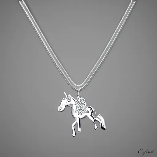 Image similar to a lovely silver cartoon unicorn necklace pendant, 3 d rendering, pandora style, tiffany style, swarovski style, van cleef & arpels style, cartier style, boucheron style, bulgari style, chaumet style, elegant, noble, stylish