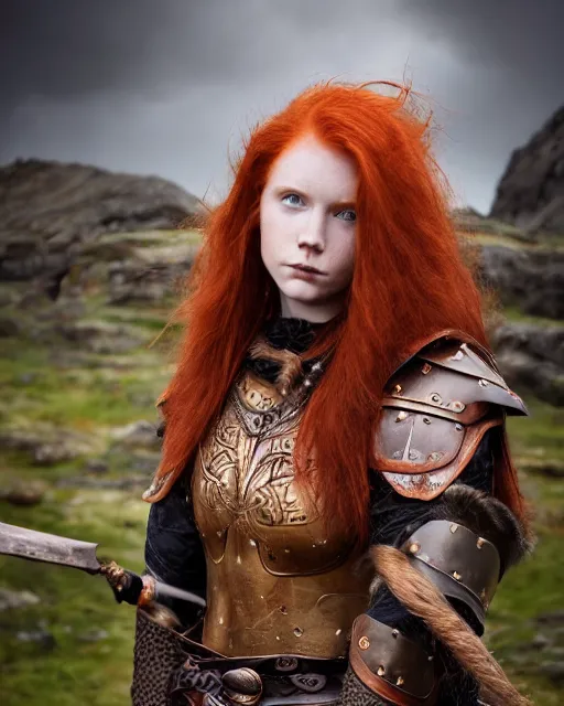 Image similar to north adult female warrior, red hair, ginger hair, long hair, fantasy, female Viking, high detailed, photography, cloudy, lightweight leather armour, Scandinavia, plain, detailed face, beautiful face, beautiful girl, look into the distance, professional model, glowing skin, serious face, full body,in full growth, professional photographer, masterpiece, 50 mm, extremely detailed, sharp focus, 8k, 3D