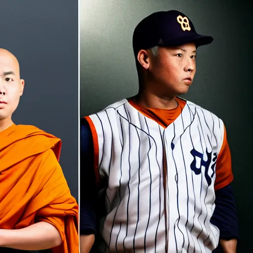 Prompt: a monk, an actress, a baseball player