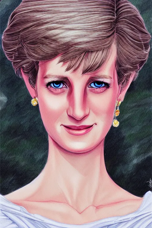 Prompt: illustration of princess diana drawn by mai yoneyama, detailed, dynamic lighting, trending on pixiv, digital art, anime art, detailed face, high saturation,