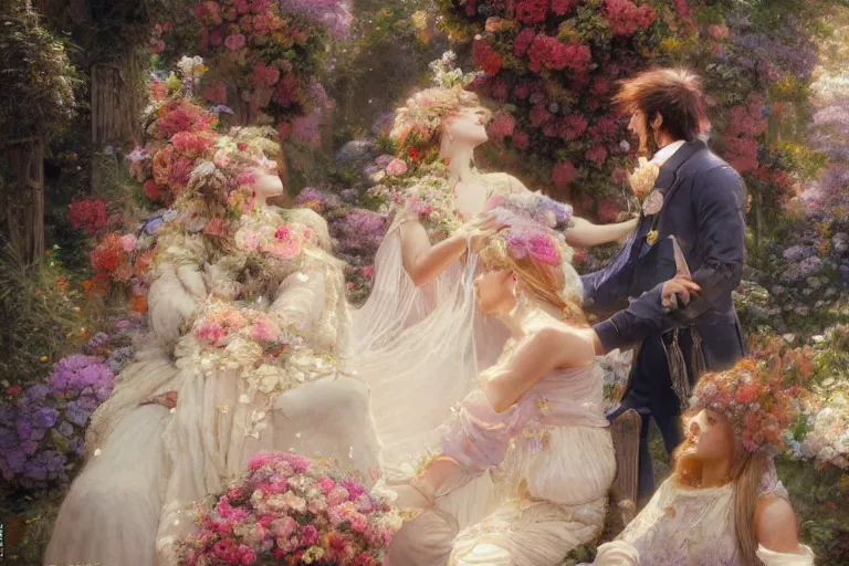 Image similar to the groom look at the bride at a wedding full of flowers, bright and happy, dreamlike art, highly detail, 4 k realistic, wedding photoy krenz cushart, artem demura, yoji shinkawa artgerm, jon lothian, danilo torres. adi meyers. thomas reimann. gaston bussiere.