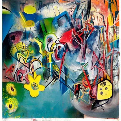 Image similar to by roberto matta, by david aja. this street art is a large canvas, covered in a wash of color. in the center is a cluster of flowers, their petals curling & twisting in on themselves. the effect is ethereal & dreamlike, & the overall effect is one of serenity & peace.