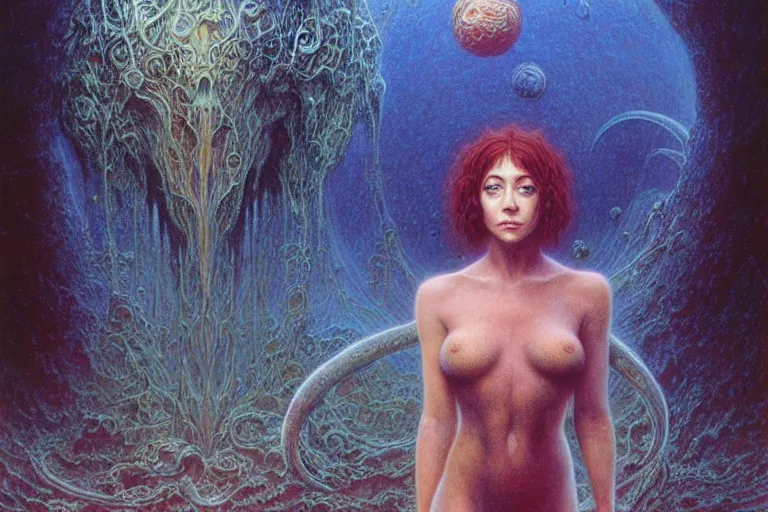 Image similar to cute young alyson hannigan with short hairs on lovecraftian planet by jean delville by luis royo and wayne barlowe, beksinski