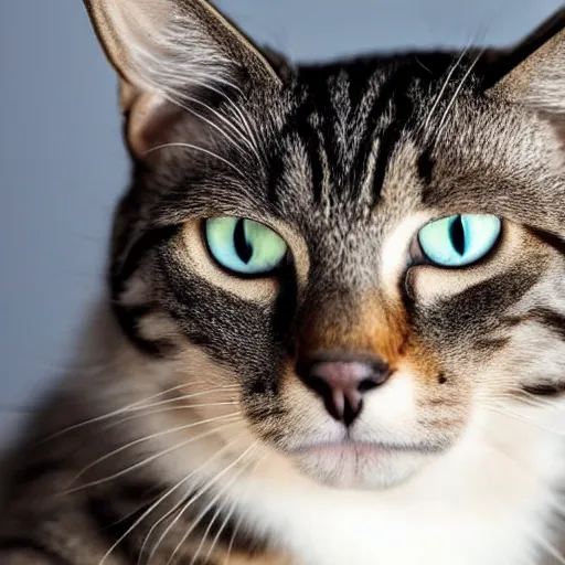 Prompt: a close up shot of a cat sitting upright with a blank stare staring at the camera