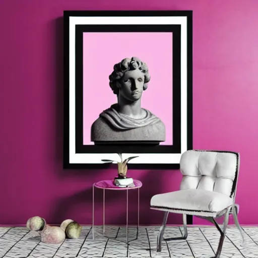 Image similar to a greco - roman marble bust sits on a pink and black checkerboard tile floor, a pink wall in the background with a framed photo of a cityscape at night