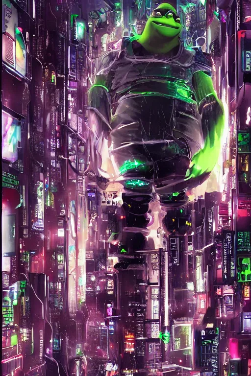 Image similar to beautiful cyberpunk anime style illustration of Shrek Shrek Shrek (!!!!) seen in a tech labor with her back open showing a complex mess of cables and wires, by masamune shirow and katsushiro otomo, studio ghibli color scheme