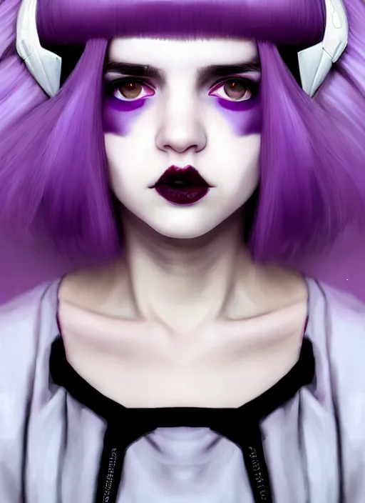 Image similar to portrait of white teenage girl, normal face, white bangs, mall goth, cyberlox, black and white hair, bangs, fluffy bangs, red contact lenses, purple lipstick, intricate, elegant, highly detailed, digital painting, artstation, concept art, sharp focus, smooth, illustration, art by wlop, mars ravelo and greg rutkowski