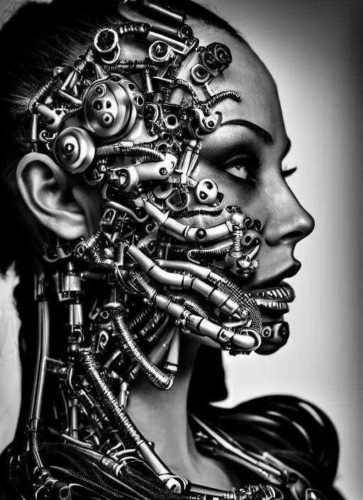 Image similar to a stunning young female cyborg profile face, face is made intricate tribal bio - mechanical, editorial photography, bw, shot on 7 0 mm, depth of field, f / 2. 8, high contrast, 1 6 k, rays of shimmering light, volumetric lighting, shiny, insanely detailed and intricate, hypermaximalist, elegant, ornate, hyper realistic, super detailed