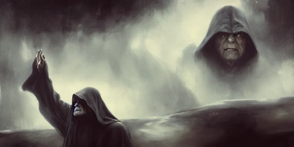 Prompt: a painting of a cinematic keyframe of star wars emperor palpatine, darth sidious, heavy atmosphere and smoke by greg rutkowski, rule of thirds, golden ratio, ambient lighting, wlop, artgerm, artstation, highly detailed masterpiece, dark fantasy art, high detail, trending on artstation